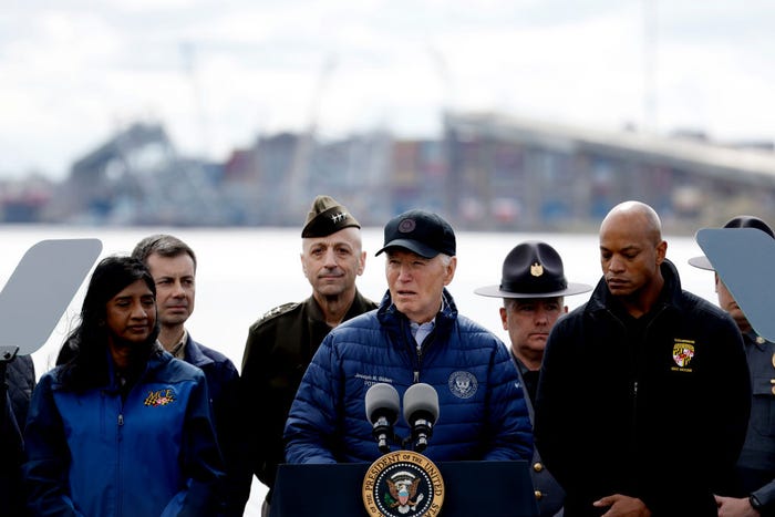 Joe Biden speaks in front of the destroyed bridge in Baltimore