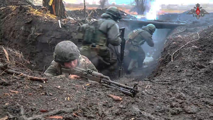 In this photo released by the Russian Defense Ministry Press Service on April 15, 2024, Russian soldiers participate in a military exercise somewhere in Russian-controlled Donetsk region, eastern Ukraine.