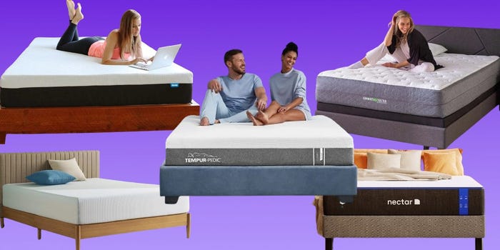 Five mattresses are displayed on a purple background.