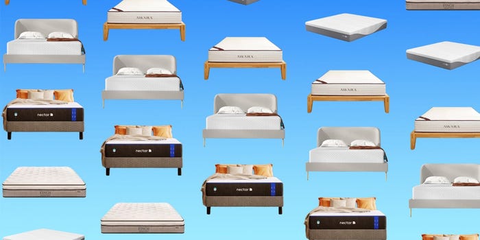 Several mattresses are displayed on a blue background.