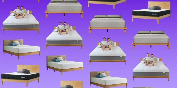 Several beds are displayed on a purple background.