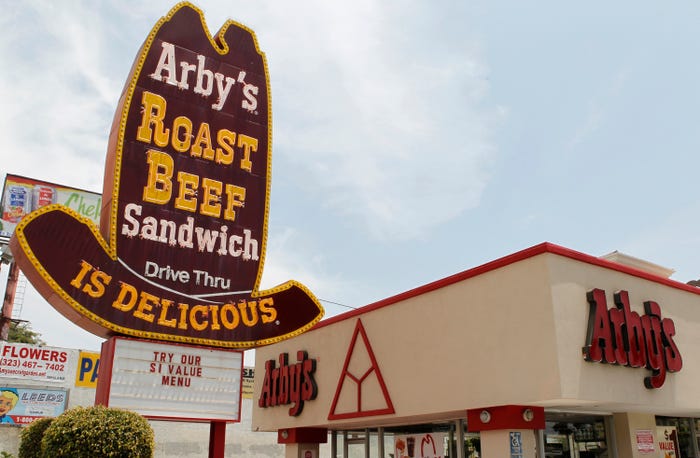 A signage promotes Arby's new $1 menu in Hollywood, California May 14, 2010.