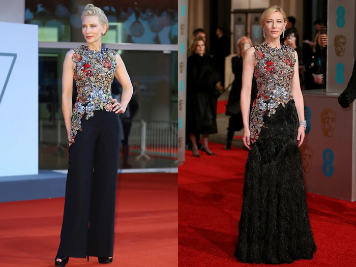 Cate Blanchett in 2016 (right) and 2020 wearing the same top with a different skirt and accessories