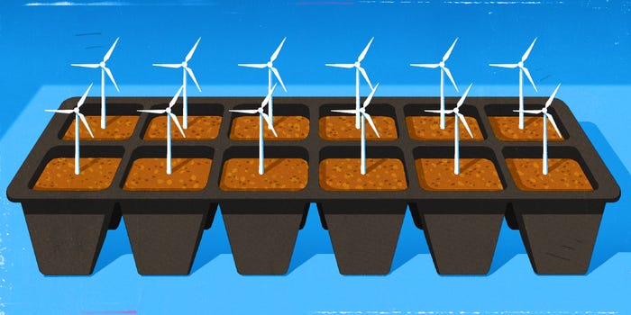 Rows of wind turbines sprouting from seedling trays
