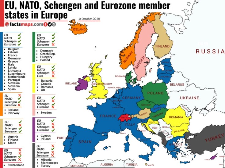 EU, NATO, Schengen and Eurozone member states in Europe