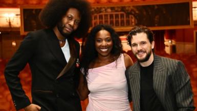 Playwright Jeremy O. Harris and cast members Olivia Washington and Kit Harington pose backstage following the press night performance of "Slave Play" at the Noel Coward Theatre on July 10, 2024 in London, England