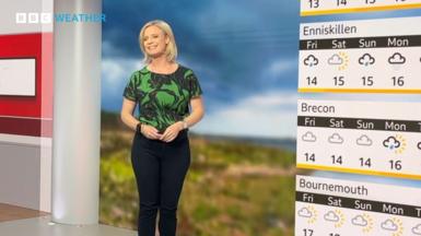 Sarah Keith-Lucas in front of weather graphics in the studio