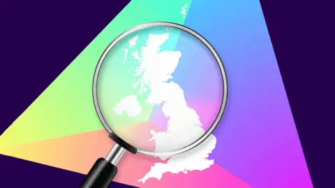 election results graphic - magnifying glass over a map of the uk 