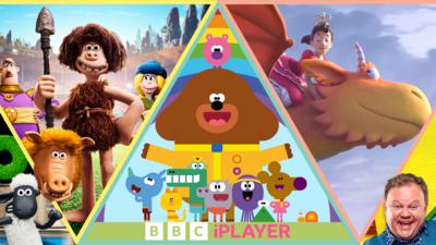 Various characters from CBeebies shows including Justin, Hey Duggee and Shaun the Sheep on a collated image.