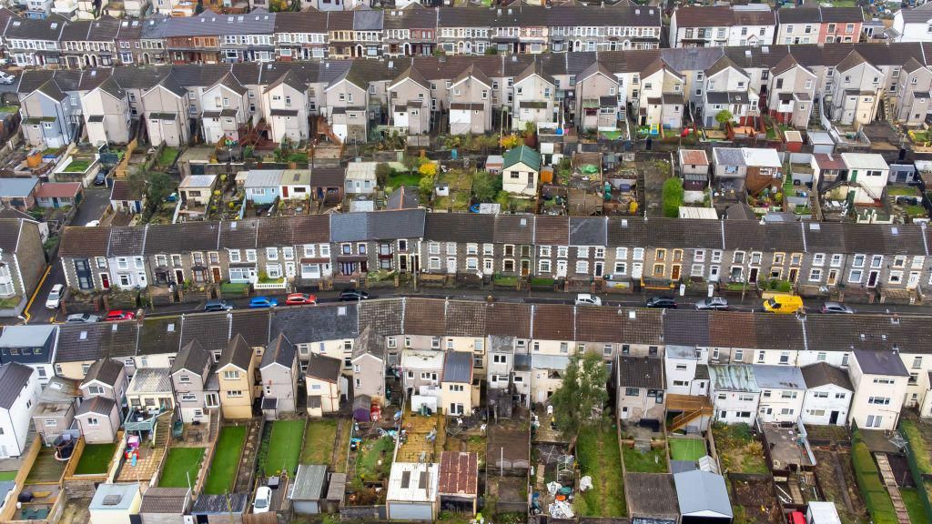  An aerial view of a residential area in Tonypandy, Wales