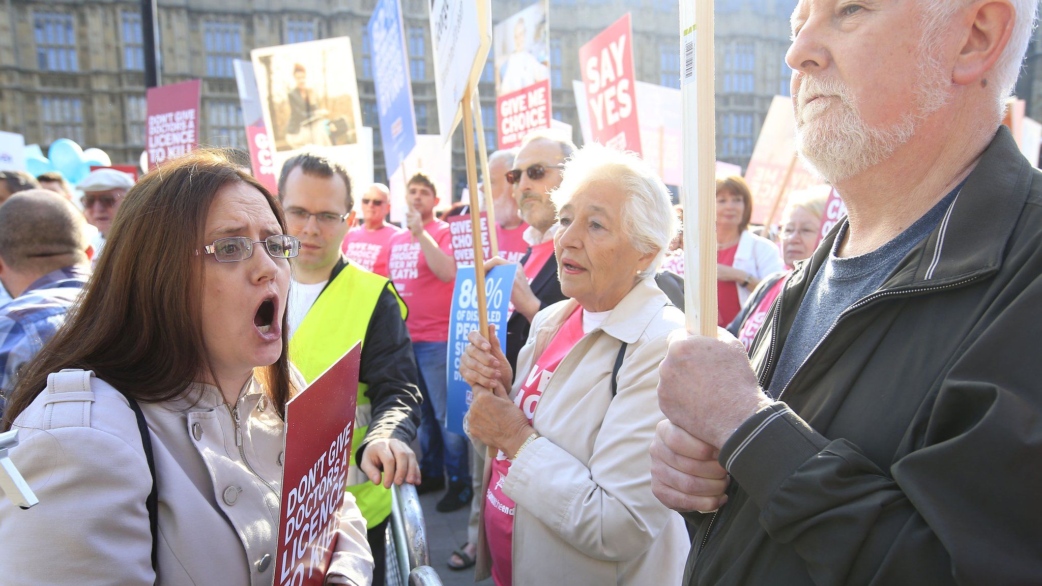 People campaigning for and against the assisted dying bill were outside parliament today
