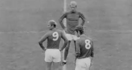 L-R: Manchester United's Bobby Charlton, Denis Law and Brian Kidd prepare to kick off against Wales