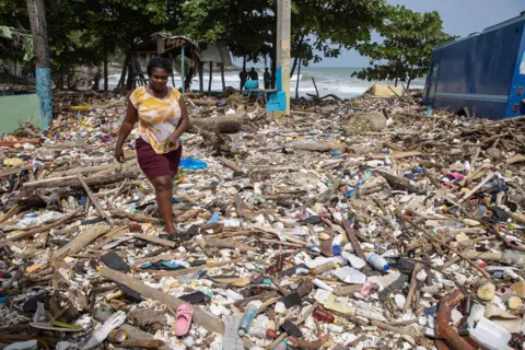 EPA-EFE/REX/Shutterstock A woman walks across thousands of pieces of wood and rubbish on the beach, piled higher than the wheels on a nearby truck