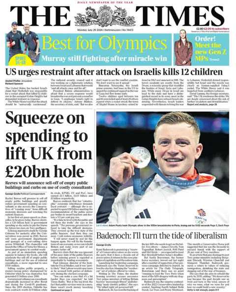 The Times headline reads: "Squeeze on spending to lift UK from £20bn hole"