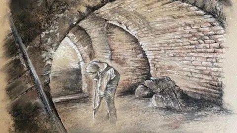 Matt Sayers  One of Matt Sayers' charcoal drawings, depicting a man at work in a brick-lined tunnel
