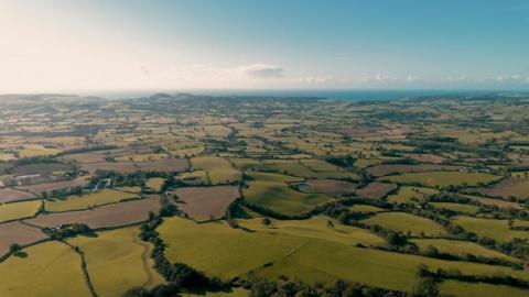 Aerial view of the Dorset landscape with a patchwork of irregular shaped fields and the sea in the distance