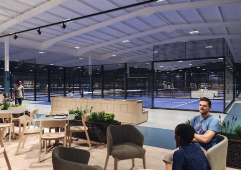 An artist's impression of the interior of the new Gloucester padel club. Two men are sitting down in a breakout area next to courts with blue flooring