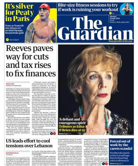 The Guardian's front page headline reads: 