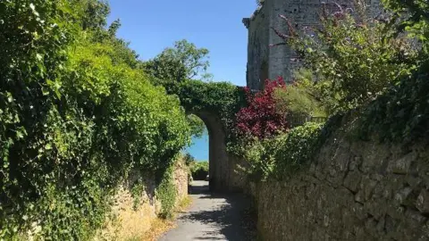Deecee A winding alleyway in the foreground with a stone wall on the right and stone wall covered in greenery on the left which ends in a stone archway through which you can glimpse the sea