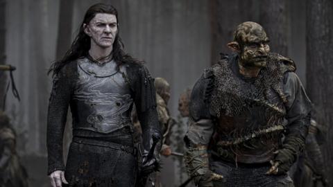 Characters from the show The Ring of Power, which has been filmed at Bray Studio. An elf and an orc can be seen in the image in what is a dark wooded scene