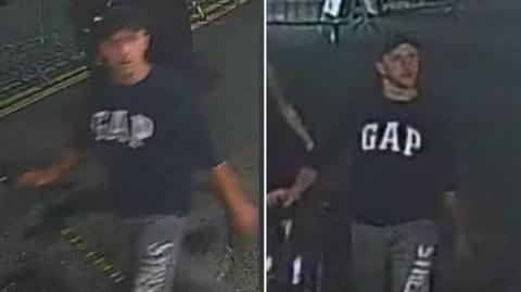 Two blurred CCTV images show a man wearing a dark cap, a dark GAP T-shirt and grey tracksuit trousers with lettering