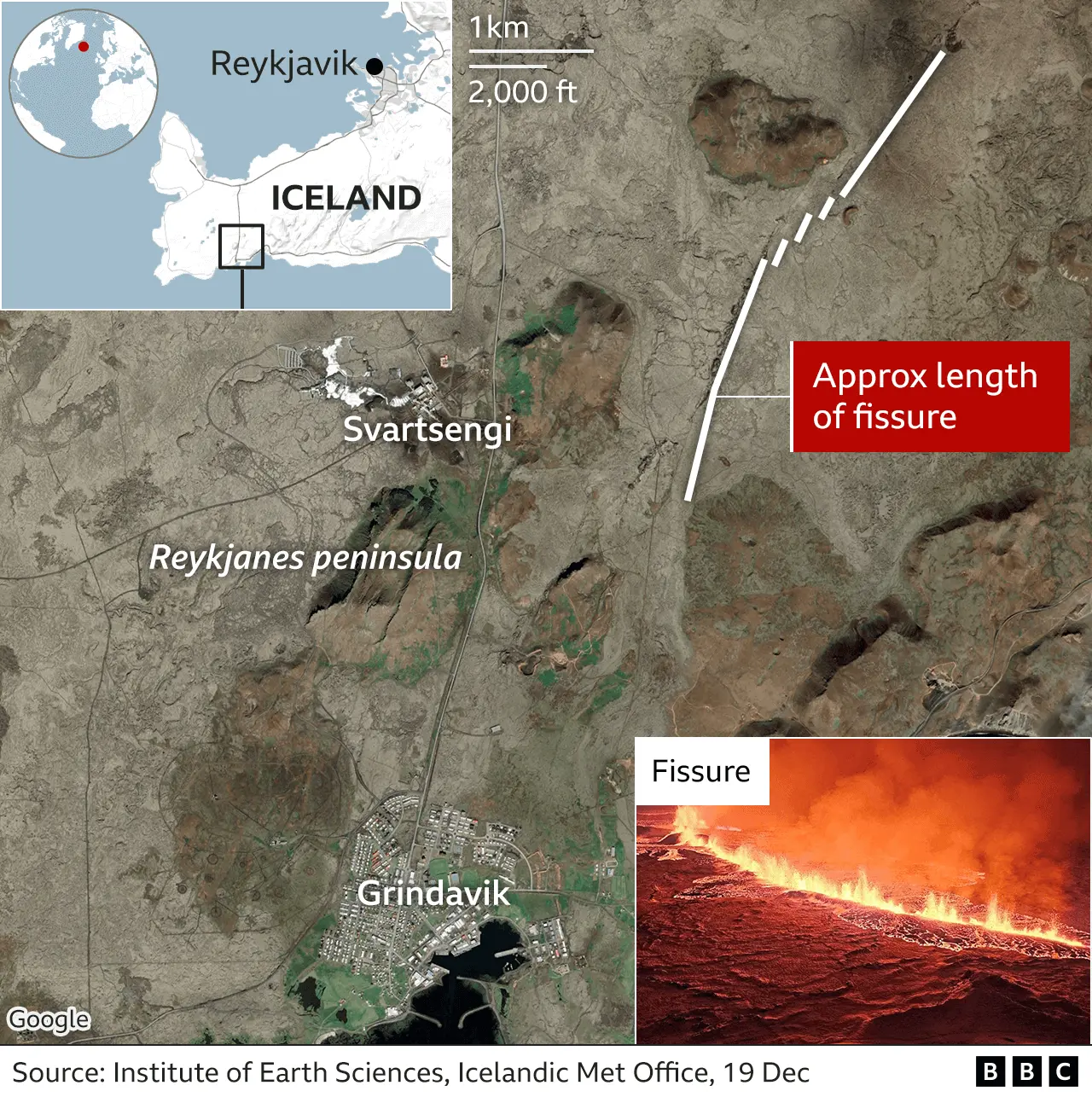 A detailed map of the 3.5km fissure - revealing its length, and how close it is to Grindavik