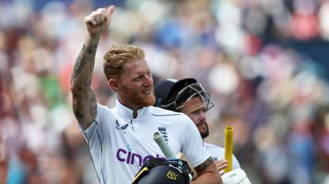 England captain Ben Stokes gives a thumbs-up after the win over West Indies in the third Test