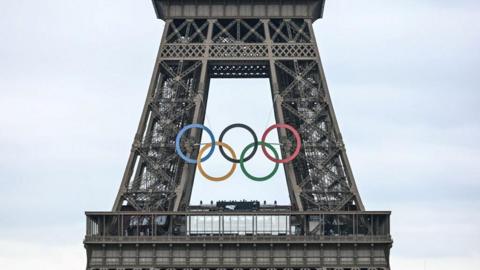 The Olympic rings on the Eiffel Tower