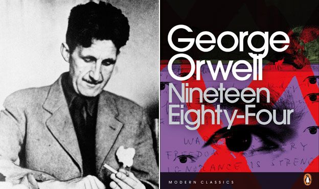 Picture of George Orwell, and cover of Nineteen Eighty-Four