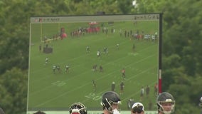 Falcons using giant flat screen to review plays during practice