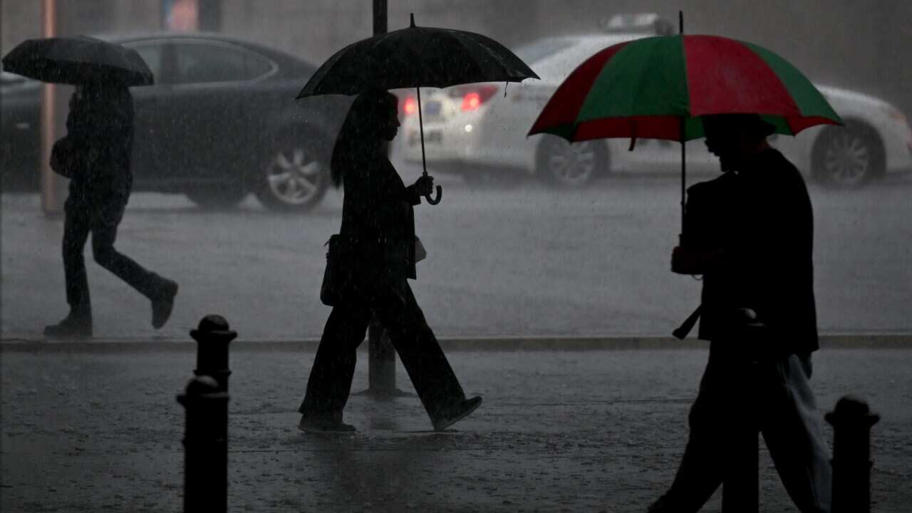 Silhouettes of people walking through a city in the rain