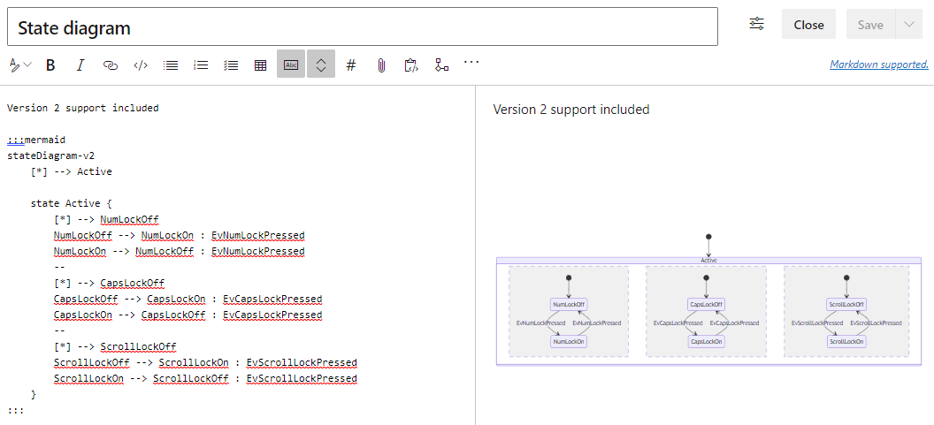 Screenshot showing the Mermaid Live Editor with code and preview for State diagram.
