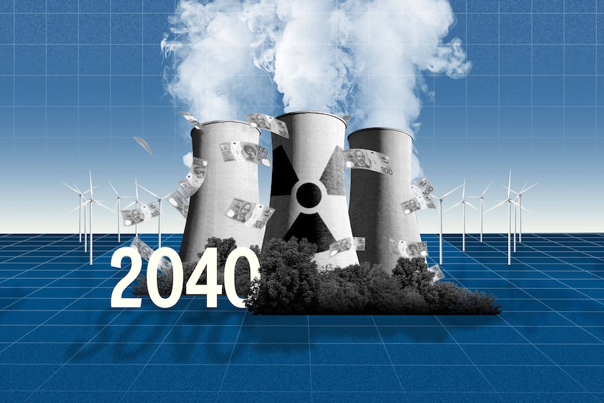 A graphic of a nuclear power plant with a nuclear symbol and the numbers 2040 and 2045 in the foreground