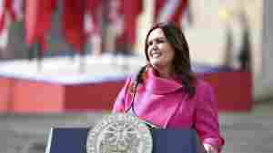 Arkansas Gov. Sarah Huckabee Sanders speaks after taking the oath of office, Jan. 10, 2023, in Little Rock, Ark. A prosecutor said Friday that he would not file any criminal charges over a $19,000 lectern bought by the governor's office, a purchase that attracted nationwide scrutiny.