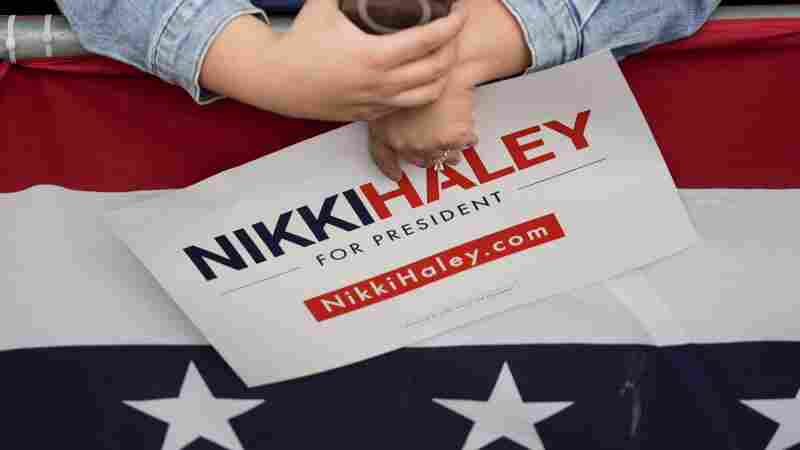 A supporter holds a sign during a rally for former Republican presidential candidate and former UN Ambassador Nikki Haley on Feb. 16 in San Antonio.