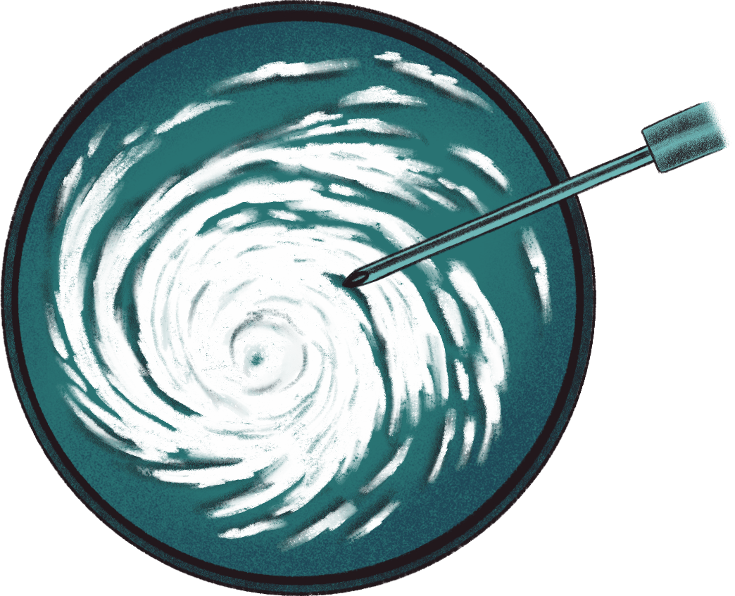 An illustration of a petri dish with a swirling hurricane. 