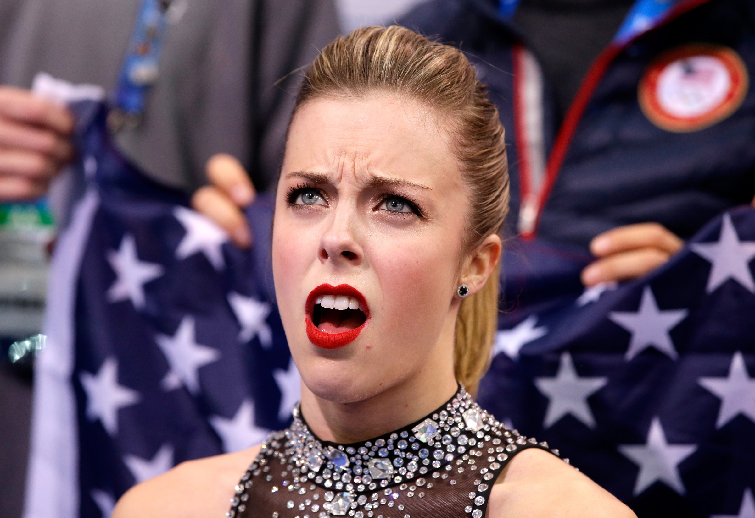 Ashley Wagner reacts to her short program scores at the 2014 Sochi Olympic Games.