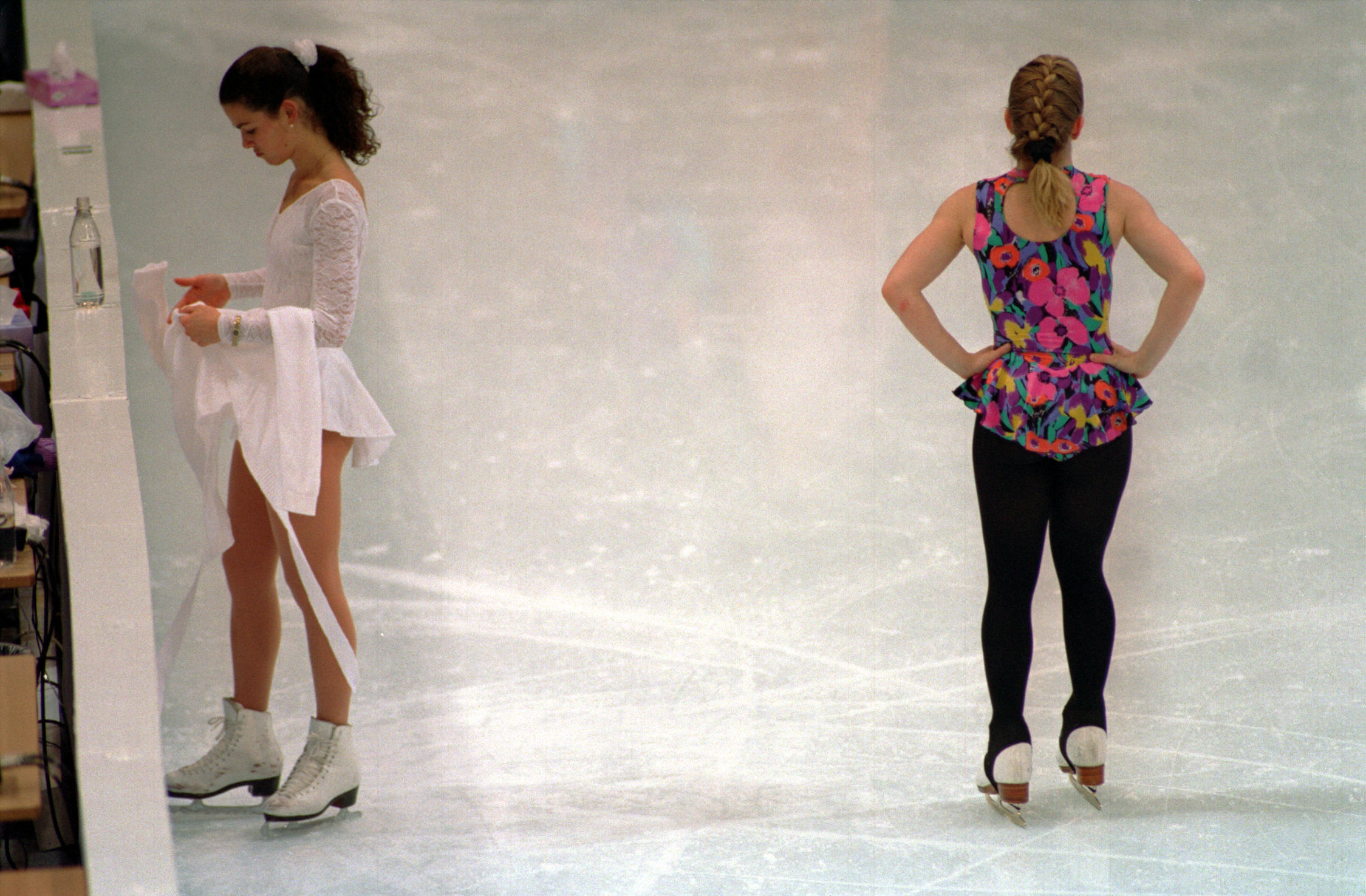 Nancy Kerrigan and Tonya Harding practicing at the 1994 Lillehammer Olympics.