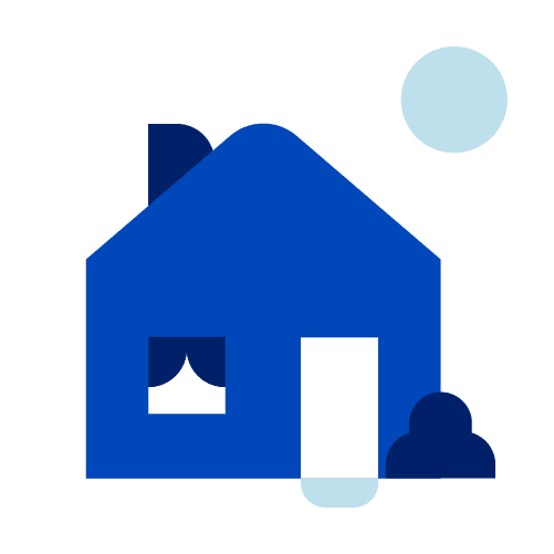 Illustrasjon av hus med busk i OBOS-blått.