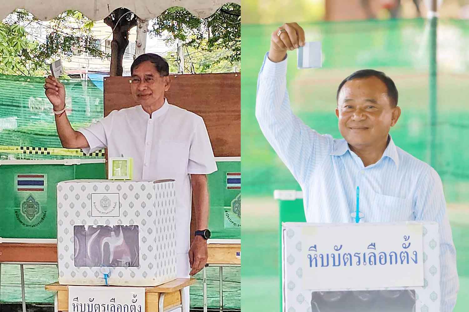 Pol Lt Gen Kamronwit Toopkrajang, left, and Chan Puangpetch cast their vote in the provincial administrative election in Pathum Thani on Sunday. (Photos: Pongpat Wongyala)