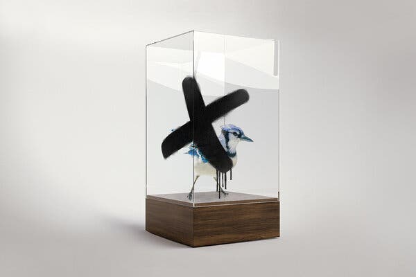 A photo illustration shows a bird in a glass display box with a black X superimposed over it.