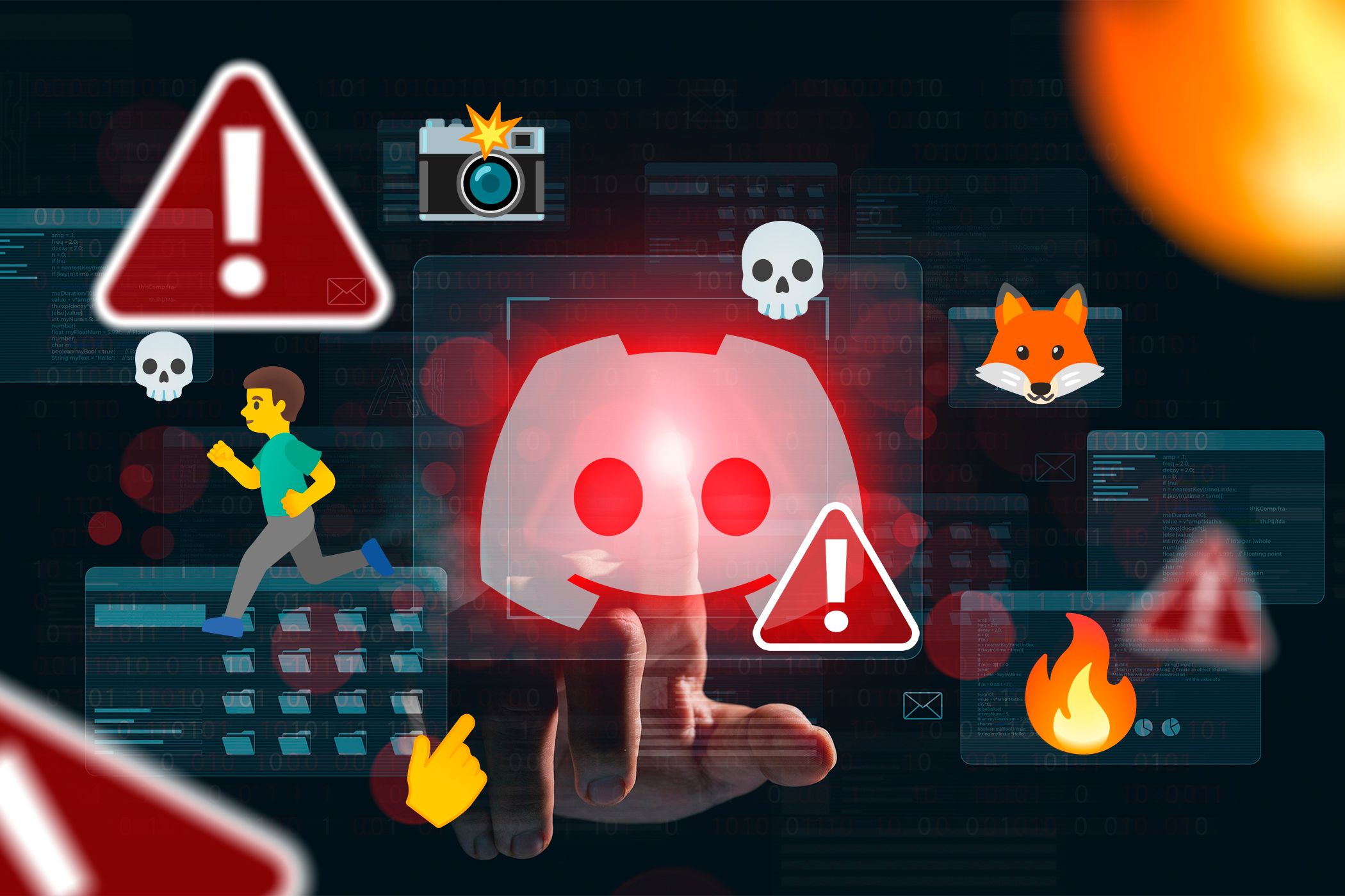 Discord logo with several emojis and alert icons