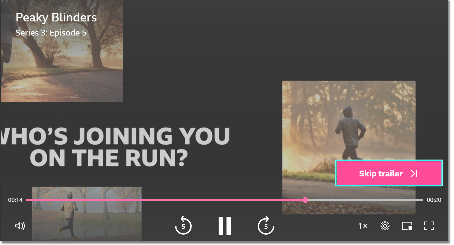 Image of a trailer playing before a programme on the BBC iPlayer website. The playback controls can be seen and the pink 'Skip' button is highlighted
