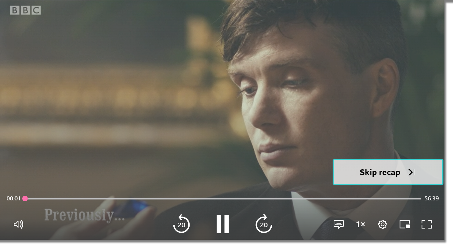 Image showing the recap of an episode of Peaky Blinders. The 'Skip recap' can be seen on the bottom right in bold