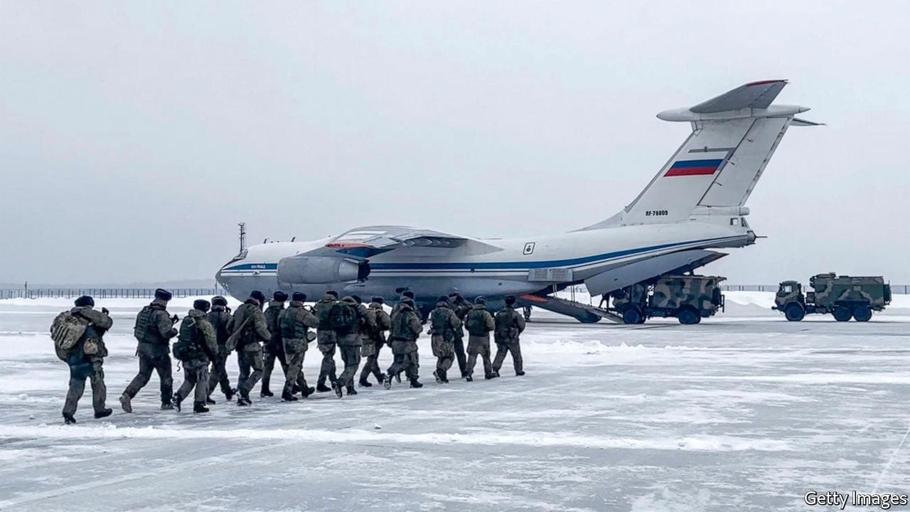 This handout image grab taken and released by the Russian Defence Ministry on January 6, 2021 shows Russian paratroopers boarding a military cargo plane to depart to Kazakhstan as a peacekeeping force at the Chkalovsky airport, outside Moscow. - A Moscow-led military alliance dispatched troops to help quell mounting unrest in Kazakhstan as police said dozens were killed trying to storm government buildings. Long seen as one the most stable of the ex-Soviet republics of Central Asia, energy-rich Kazakhstan is facing its biggest crisis in decades after days of protests over rising fuel prices escalated into widespread unrest. (Photo by Handout / Russian Defence Ministry / AFP) / RESTRICTED TO EDITORIAL USE - MANDATORY CREDIT "AFP PHOTO / Russian Defence Ministry " - NO MARKETING - NO ADVERTISING CAMPAIGNS - DISTRIBUTED AS A SERVICE TO CLIENTS (Photo by HANDOUT/Russian Defence Ministry/AFP via Getty Images)