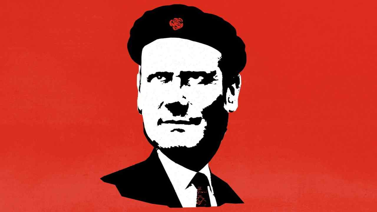 Illustration of Keir Starmer in a beret with a red start on it against a red background