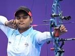 India's Jyothi Surekha Vennam competes against South Korea's So Chae-won in the archery compound women's individual gold medal match during the 2022 Asian Games in Hangzhou in China's eastern Zhejiang province(AFP)
