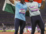 Neeraj Chopra won the gold while Kishore Jena finished behind him to settle for a silver medal at the Asian Games(PTI)