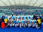 Indian men's hockey team players pose for a picture on winning gold in the men's hockey at Asian Games 2023 in Hangzhou on Friday.