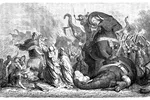 Black and white drawing depicting King Pyrrhus during one of his battles.